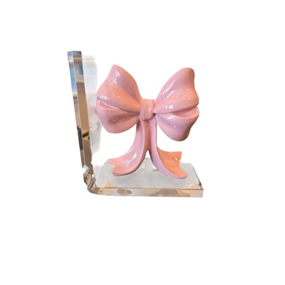 New MCM Retro Pink Acrylic Large Girly Office Nursery Room Bow Bookend - Picture 2 of 2